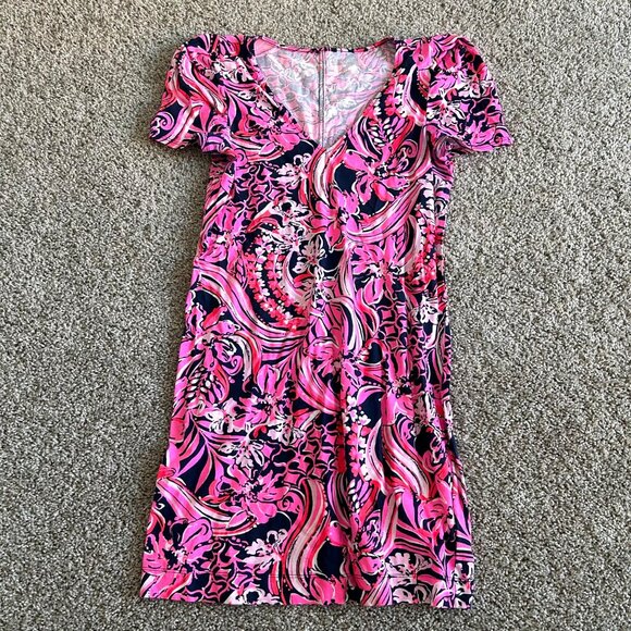 Lilly Pulitzer Womens Sz M Pink & Navy Floral V-Neck Short Sleeve Dress - Picture 4 of 10